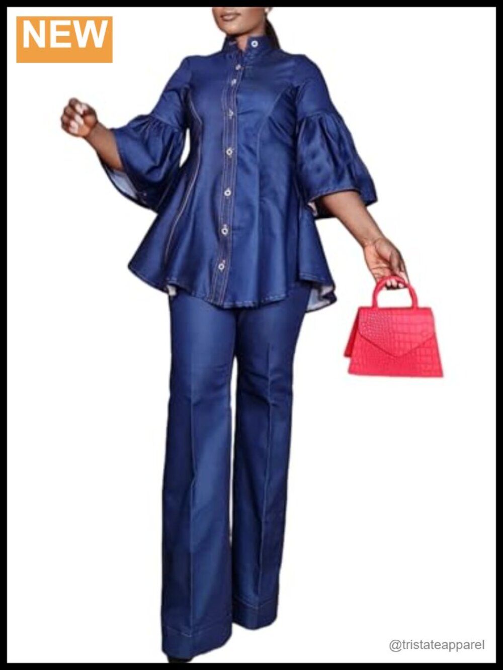2 Piece Denim Outfit Bell Sleeve Button Down Shirt Straight Pants Set